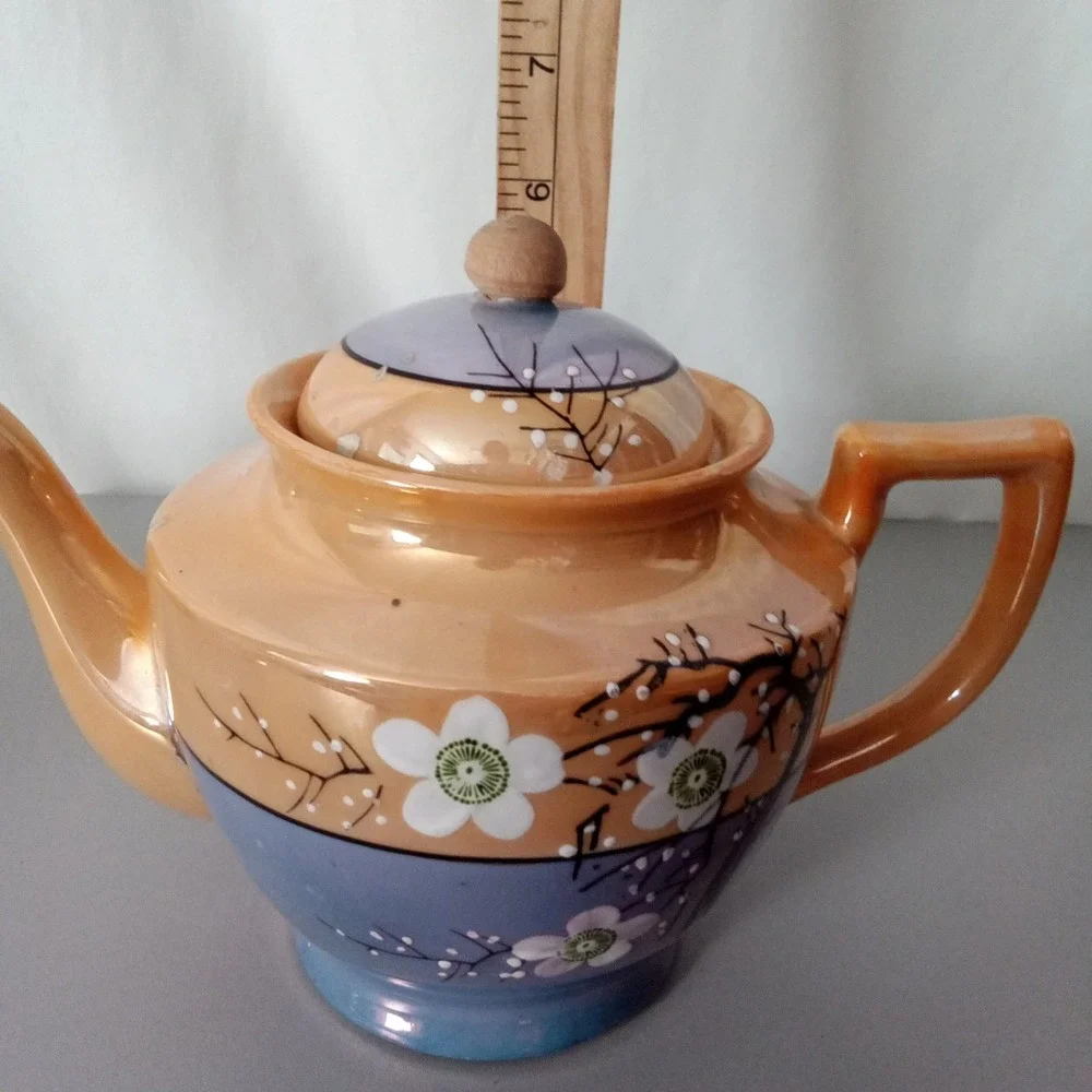 Vintage Lusterware Teapot Cherry Blossom Peach Lavender Made in Japan MCM Floral